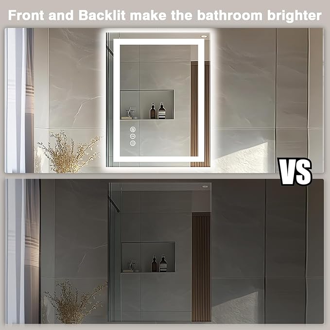 24"x32" LED Bathroom Mirrors for Wall, Front and Backlit Mirror, Anti-Fog Vanity Mirror with Lights, Stepless Dimmable Lighted Mirror, 3 Colors Smart Mirror (Horizontal/Vertical)
