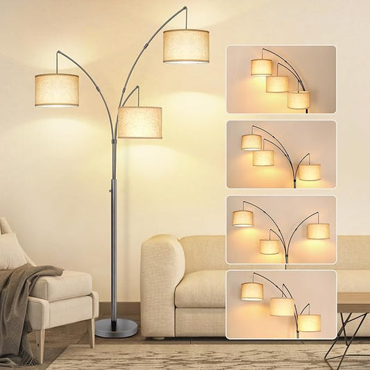 OUTON Tall Arc Floor Lamp - Adjustable, Modern, 3-Light Arched Lamp for Bedroom, Office, and Living Room, 2400lm Mid Century Floor Lamps Design 3 Energy-Efficient LED Bulbs Included, Beige Lampshade