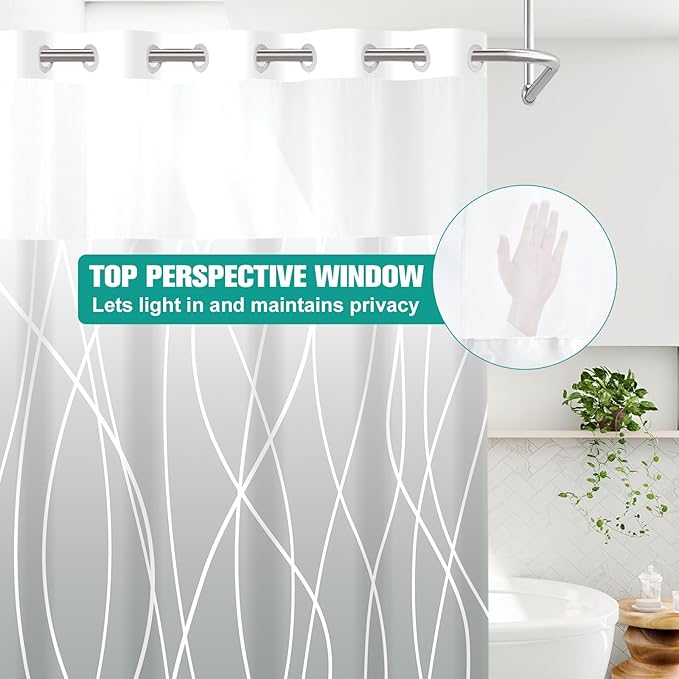 No Hook Ombre Light Grey Striped Long Shower Curtain with Snap in Fabric Liner Set - Hotel Shower Curtain and Liner Set with See Through Mesh Top Window,Machine Washable, 71x86 INCH