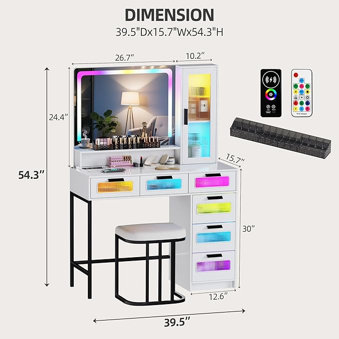 LED Make Up Vanity Desk with Mirror and Light, Smart Dressing Table with 6 Drawers, 3 Shelves, 24 Color Lighting Modes, Cushioned Stool, USB Type-C Storage for Bedroom Dressing Room White