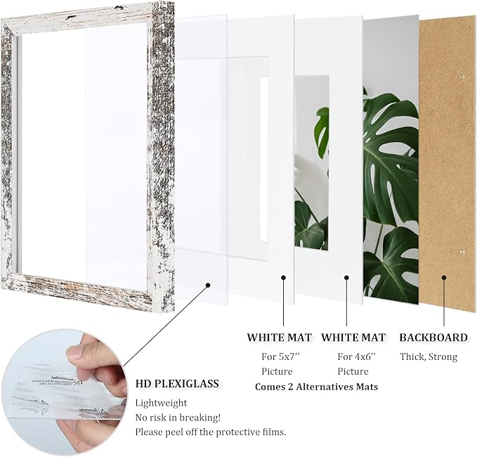 Egofine 8x10 Picture Frame Made of Solid Wood Covered by Plexiglass, Display Pictures 4x6/5x7 with Mat or 8x10 Without Mat for Table Top Display and Wall Mounting Photo Frame, Rustic White