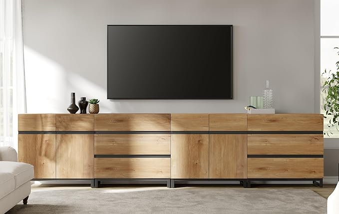 WAMPAT Modern TV Stand for TVs up to 120 Inches, 4-in-1 Media Console with Adjustable Shelves and 6 Drawers, TV Cabinet for Living Room or Bedroom, Oak