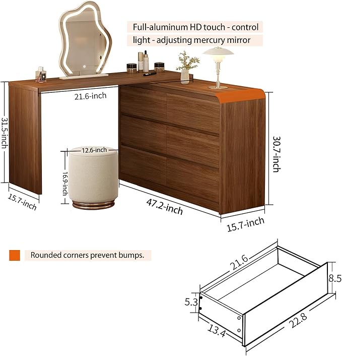Makeup Vanity Desk with Cloud HD Mirror and Lights, 50-94in Extendable Modern Vanity Table Set with Chair, 6-Drawer Storage Cabinet with Rounded Corners, Dressing Table for Bedroom, Brown