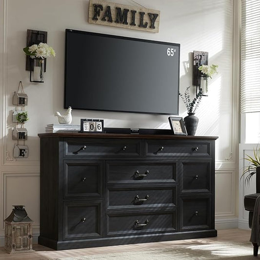 Farmhouse 9 Drawers Dresser for Bedroom, 60" Wide Wood Rustic Chest of Drawers, Large Storage Dressers Organizer for Bedroom, Living Room, Hallway, Dining Room, Dark Grey