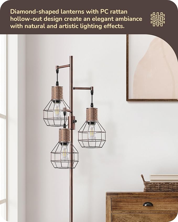 EDISHINE Dimmable Rustic Floor Lamp, Farmhouse Standing Lamp with 3 LED Edison Bulbs, Rattan Design Floor Lamps for Living Room, Bedroom, Reading Corner, Office, Electroplated Brushed Red Copper