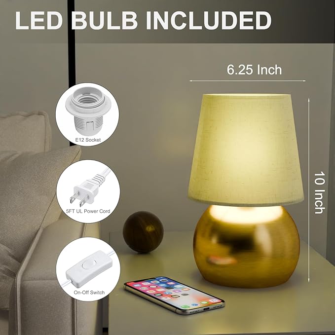 Set of 2 Small Gold Spherical Base Bedside Table Lamp with Textured Linen Shade (Bulb Included)