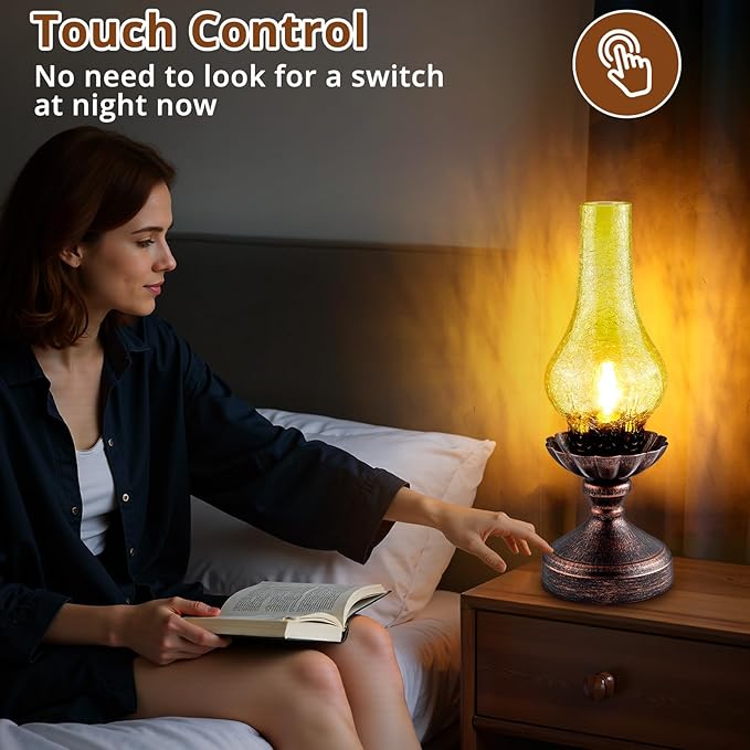 Touch Control Vintage Table Lamp | 3-Way Dimmable Rustic Retro Farmhouse Lamp with Amber Glass Shade and LED Bulb for Bedroom, Living Room, Nightstand, Office