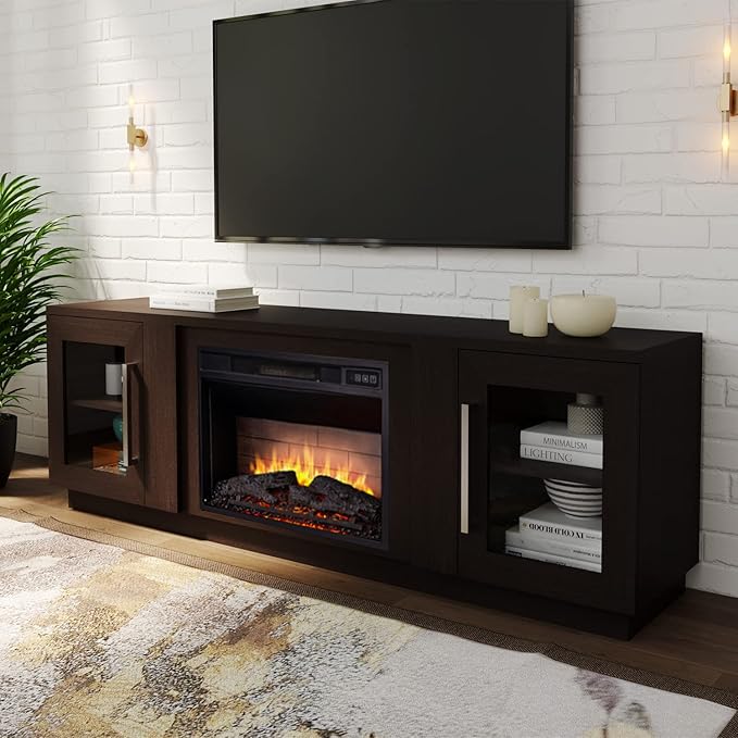 Cheerway 3D Fireplace TV Stand for TVs up to 80’’, Wooden Media Entertainment Center Table & TV Cabinets w/Storage Shelves & Barn Door, Electric Fireplace w/Remote Control