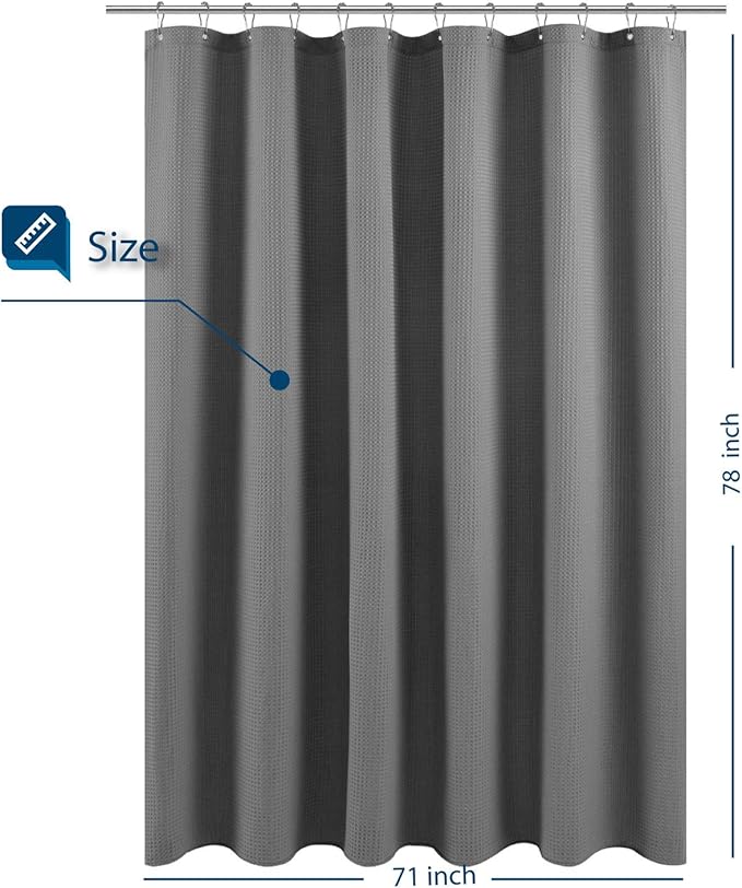 Barossa Design Long Fabric Waffle Weave Shower Curtain 78 inch Height, Hotel Luxury Spa, 230 GSM Heavy Duty, Water Repellent, Machine Washable, Gray Pique Pattern, 71x78