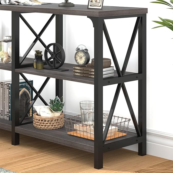 IBF Console Sofa Table, Industrial Metal Wood Entryway Table, Modern Hallway Foyer Table Behind Couch Table, 3 Tier Entry Table with Storage Shelves for Living Room Bedroom, Dark Gray Oak, 55 Inch