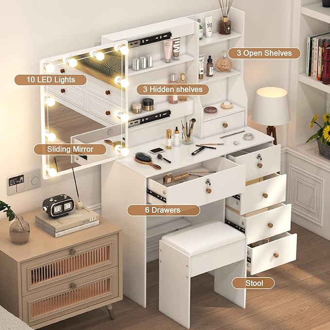 Vanity Desk with Makeup Mirror and Light, Makeup Dressing Table with 5 Drawers and Cushioned Stool for Bedroom, White Dressing Desk for Bedroom