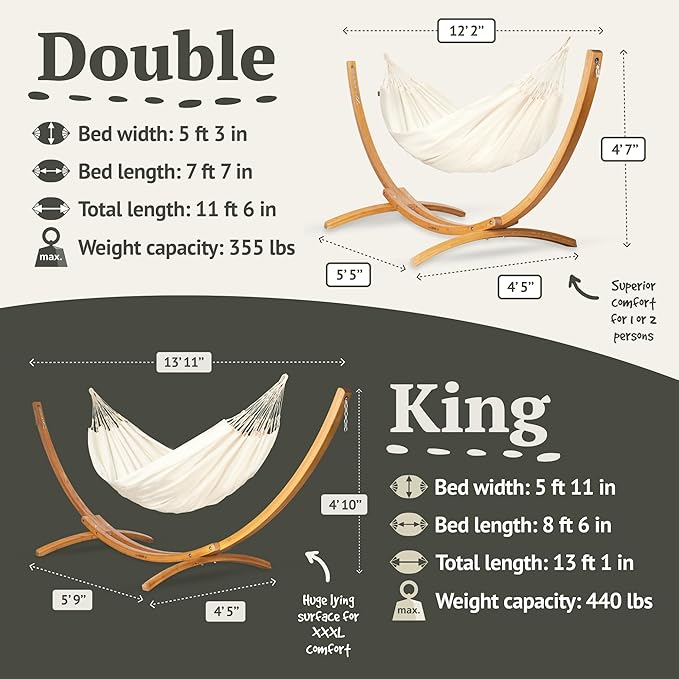 LA SIESTA® - Large Double Brisa Classic Hammock & Elipso Stand - Larch Wood Hammock Stand - Weather & Tear Resistant - Backyard Outdoor Hammock with Stand - 2-Person, Max 355 Lbs, Vanilla