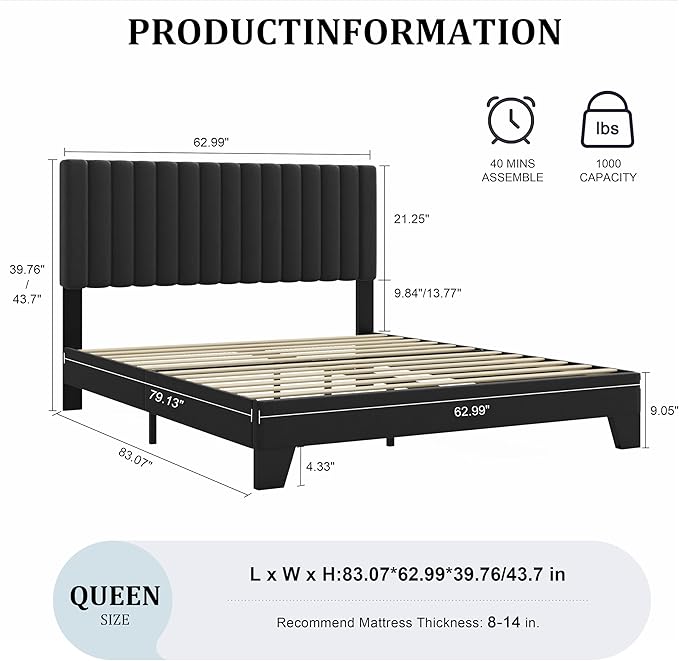 Queen Size Bed Frame, Velvet Upholstered Platform Bed with Adjustable Tufted Headboard, Sturdy Frame and Slats, Noiseless, No Box Spring Required, Easy to Assemble, Black