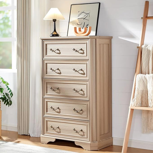 Farmhouse 48" Tall 5 Drawers Dresser for Bedroom, Wood Rustic Chest of Drawers with Corner Bevel Shape, Closet Storage Dressers Organizer for Bedroom, Living Room, Hallway, Grey Walnut