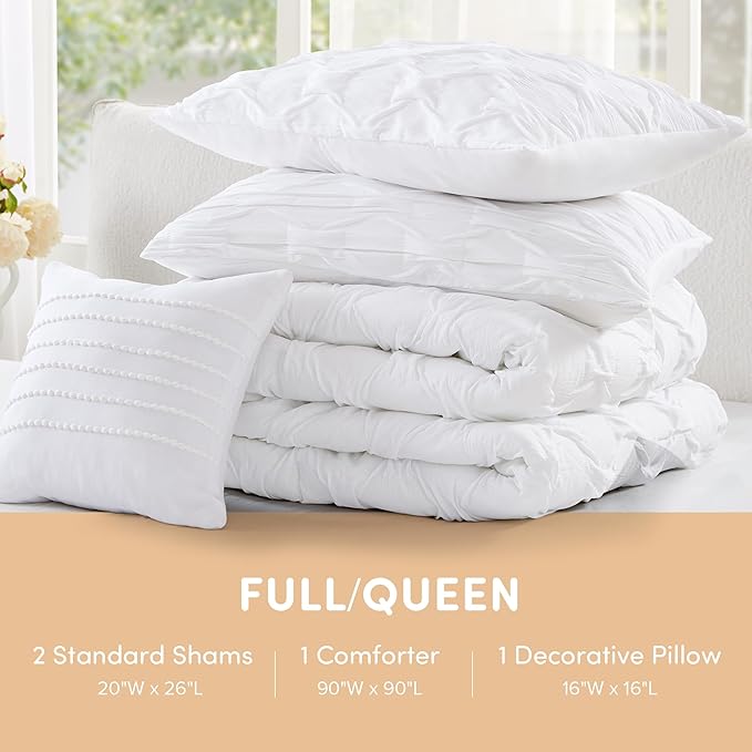 Comfort Spaces Comforter for Queen Size Bed, Ogee Ruched with Crinkle Texture, Breathable Comforter Set Queen, All Season Lightweight Bedding Set, Shams, Décor Pilow, Full/Queen White 4 Piece