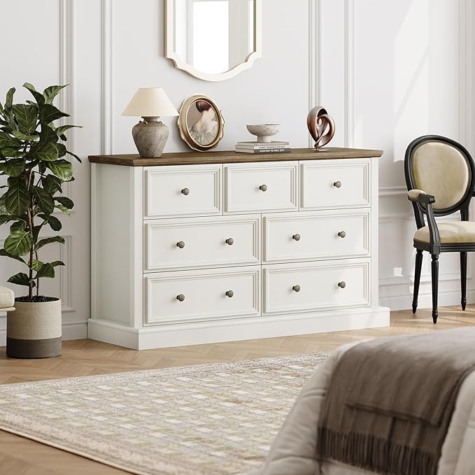 Farmhouse 7 Drawer Dresser for Bedroom, 55" Wide Wood Rustic Chest of Drawers for Bedroom, Storage Dressers Clothes Organizer for Closet, Living Room, Hallway, Dining Room(Vintage White)