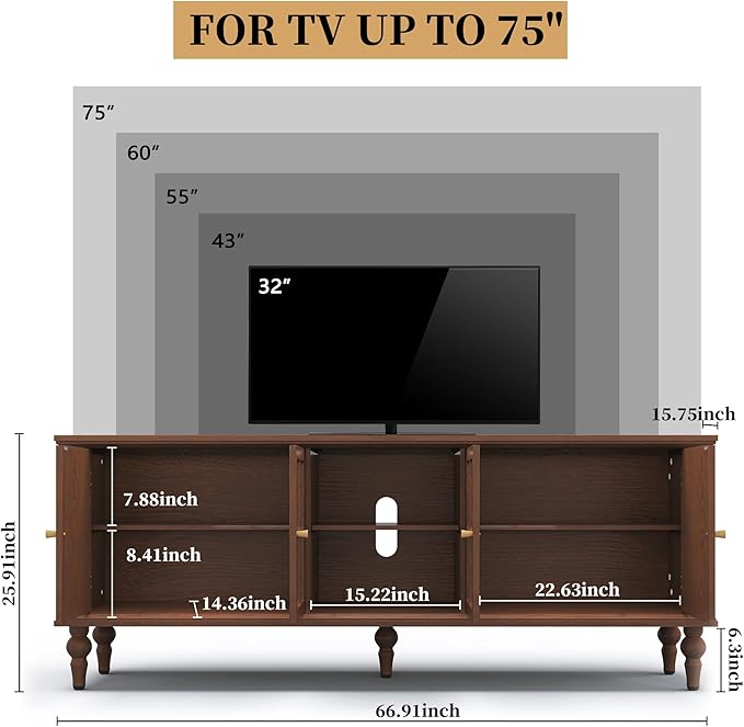 3More 67" Mid Century Modern TV Stand with Window Design,Wood Entertainment Center with Open Shelf,Up to 70" Media TV for Living Room or Bedroom,Walnut
