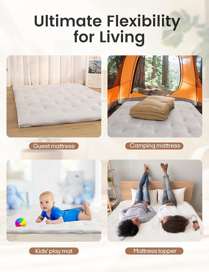 Syrinx Japanese Floor Futon Mattress, Foldable Tatami Sleeping Pad for Adults & Kids, Roll-Up Floor Bed or Bench Cushion