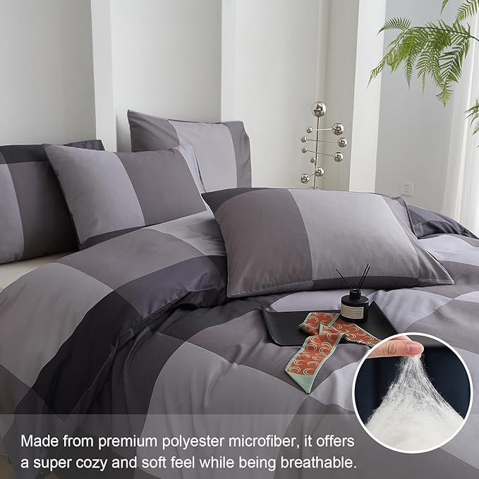 mixinni Twin XL Comforter Set Men Boys Geometric Checkered Plaid Printed Bedding Comforter for All Season Soft Lightweight Bedding Set-(Twin XL Size, Grey,Black)