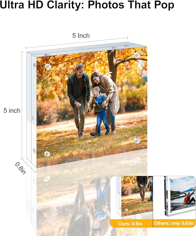 5 Pack 5x5 Acrylic Picture Frames - 20% Thicker Double Sided Magnetic Frame with UV Protection - Freestanding Clear Frameless Display for Tabletops - Modern Photo Frame Set for Home & Office Decor