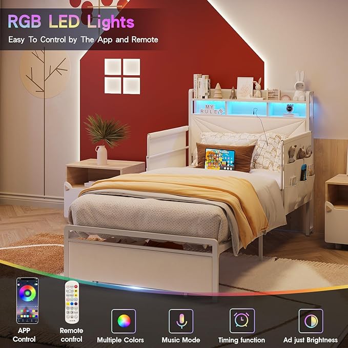 Maupvit Twin Bed Frame with Storage Headboard and Drawer,Upholstered Platform Bed Frame with LED Lights & Charging Station,Twin Size Bed with Guardrail,No Box Spring Needed,Beige