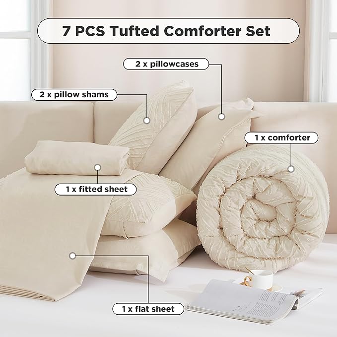 Andency Bed in a Bag Queen Beige- 7 Pieces Queen Comforter Set Bedding Comforter Sets, Tufted Lightweight Fluffy Bed Set with Comforter, Sheets, Pillowcases & Shams for All Season