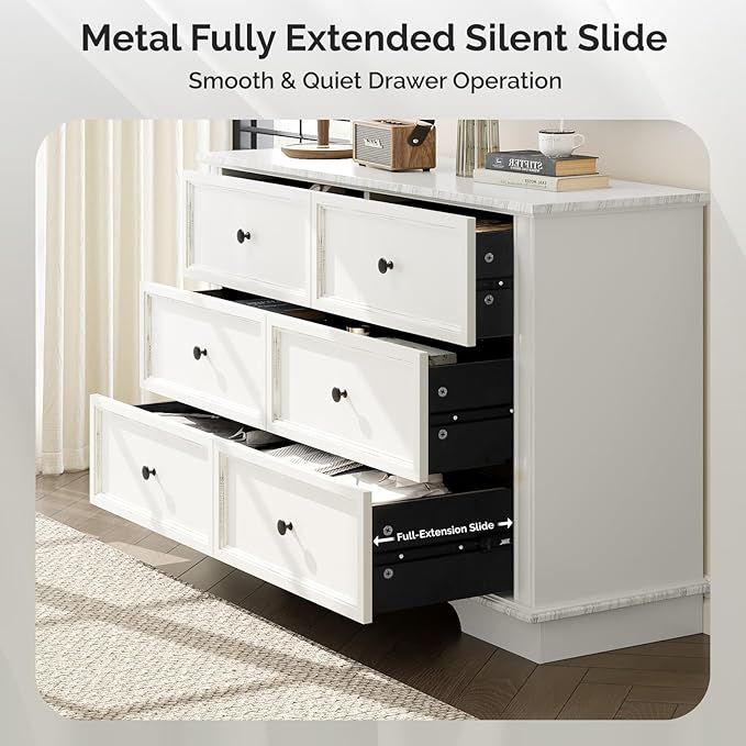 VINGLI White Dresser 6 Drawer, 47" Long Dresser for Bedroom, Chest of Drawers, French Vintage White Dressers Wood for Living Room, Hallway, 47.24" W*15.75D*31.5" H