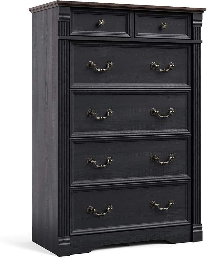 Yaamizz Farmhouse Dresser for Bedroom, 47" Tall 6 Drawer Dresser Storage with Wood Pilasters and Metal Handles, Vintage Design, Drawer Organizer for Bedroom, Hallway, Black