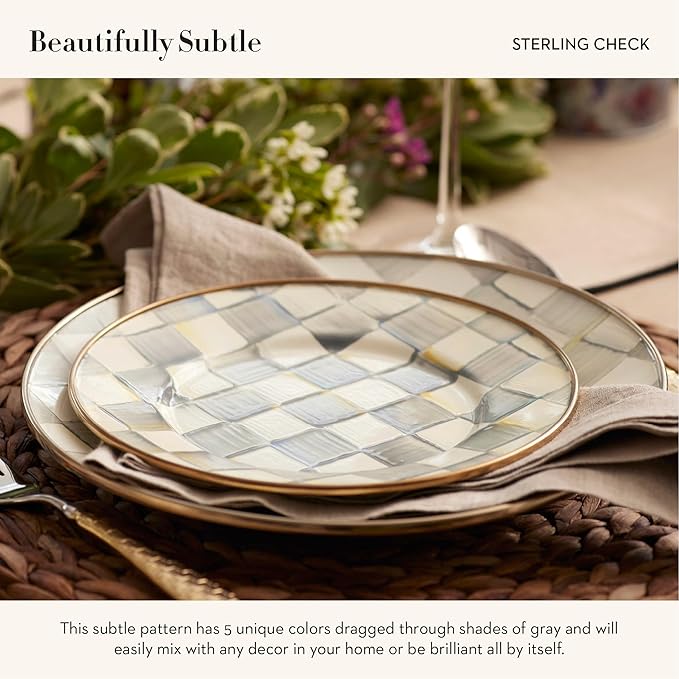 MACKENZIE-CHILDS Enamel Dinner Plate, Decorative Dinnerware Plate, 10 Inches, Set of 4, Gray-and-White Sterling Check