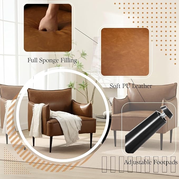 Mid Century Modern Accent Chair Armchair, Brown PU Leather Living Room Chair Sofa Lounge Chair with Metal Legs Reading Chair with Armrest for Bedroom Office Apartment