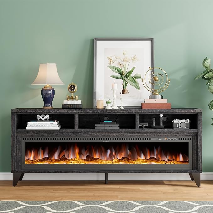 65“ Fireplace TV Stand, Farmhouse Entertainment Center with 60" Tempered Glass Electric Fireplace, Industrial Media Console with Open Storage Space for TVs up to 75", Black