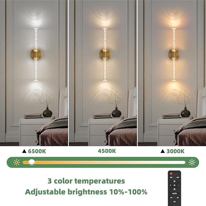 Battery Operated Wall Sconces Set of Two, Gold 20'' Rechargeable Crystal Bubble Wall Sconce with Remote Control, 3000K-6000K Dimmable LED Wireless Wall Lights for Living Room Bedroom Bathroom Hallway