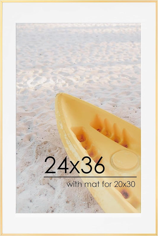 24x36 Metal Picture Frame For Wall With Mat For 20x30, 24''x36'' Aluminum Photo Frames With Tempered Glass For Home Decor, Minimalist Modern Poster Frame Horizontal And Vertical Formats, Gold