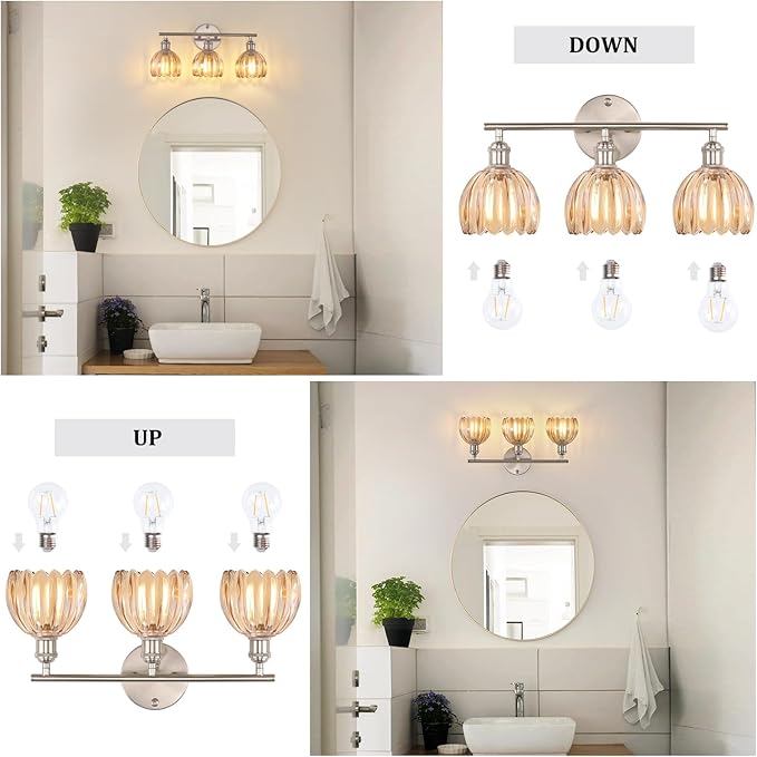 Bathroom Light Fixtures, 3-Light Vanity Wall Light Over Mirror with Amber Tulip Glass Shade for Bedroom Living Room, Satin Nickel