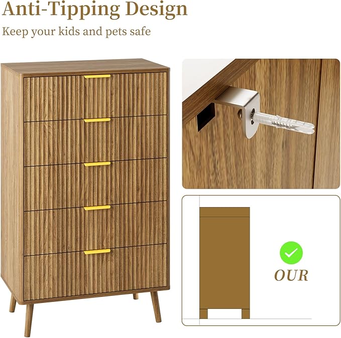 LYNSOM Fluted 5 Drawers Dresser, 45" Tall Modern Chest of Drawers with Curved Profile Design and Metal Handle, Wood Drawer Organizer for Bedroom, Living Room, Hallway, Entryway, Natural Oak