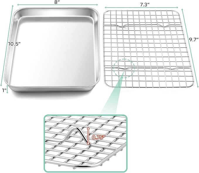TeamFar Toaster Oven Pan with Cooling Rack Set, 10.5’’ x 8’’ x 1’’ Stainless Steel Compact Toaster Oven Small Baking Pan Tray with Mini Grid Rack, Non-Toxic & Heavy-Duty, Dishwasher & Oven Safe