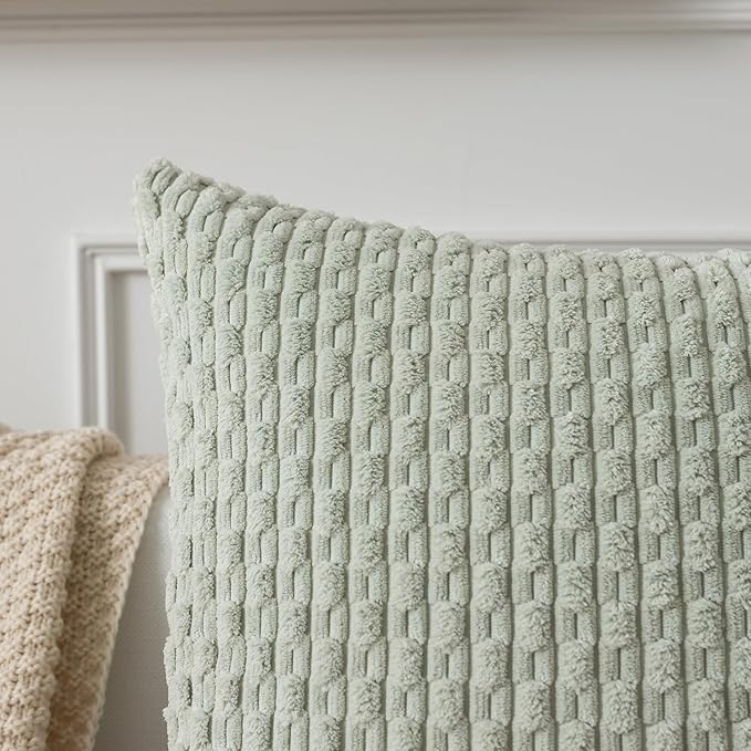 Kevin Textile Pack of 2 Corduroy Decorative Throw Pillow Covers 16x16 Inch Spring Soft Boho Striped Pillow Covers Modern Farmhouse Home Decor for Spring Sofa Living Room Couch Bed Light Green