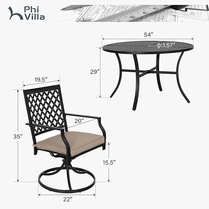 PHI VILLA 7 Pieces Outdoor Dining Set for 6, Round Metal Steel Table with Umbrella Hole & Swivel Wrought Iron Chairs with Cushions, Large Modern Furniture for Patio, Deck, Backyard, Porch