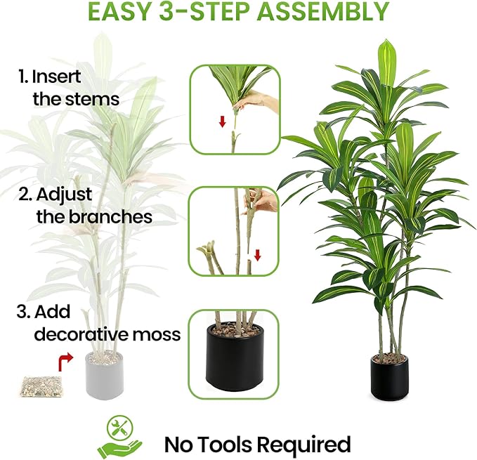 Artificial Dracaena Tree 5FT Tall, Realistic Faux Indoor Floor Plant for Home & Office Decor, Black Round Planter with Decorative Stones – UPBUD