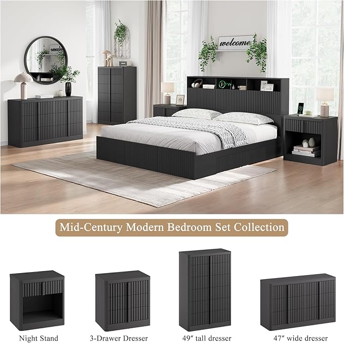 Fluted Dresser for Bedroom, 47" Wide 6 Drawer Dresser, Modern Chest of Drawers with Solid Wood Handle, Curved Profile Design, Wood Dressers Storage Organizer, Living Room, Hallway, Black