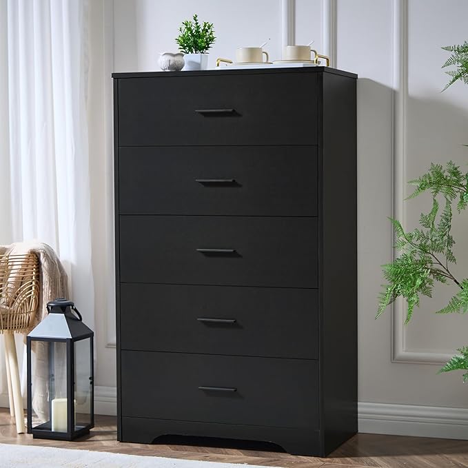 LIDYUK Black Dresser for Bedroom, 5 Drawer Dressers & Chests of Drawers, Modern Wood Dresser, 47 Inches Tall Chest of Drawers for Bedroom, Hallway, Living Room