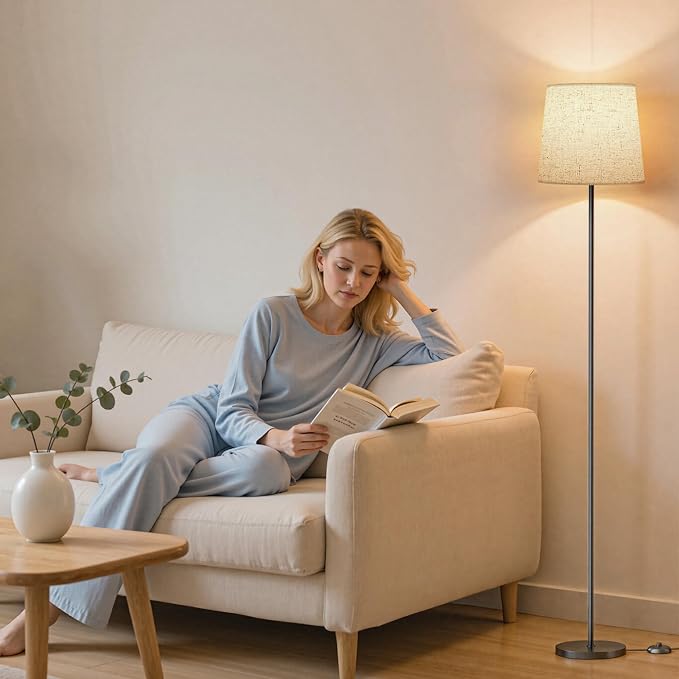 Floor Lamp with Linen Shade - 62" Dimmable LED Standing Lamp with Foot Switch, 3 Color Temps, 9W E26 Bulb Included, Black Floor Reading Light Corner Lamp for Living Room Bedroom Office