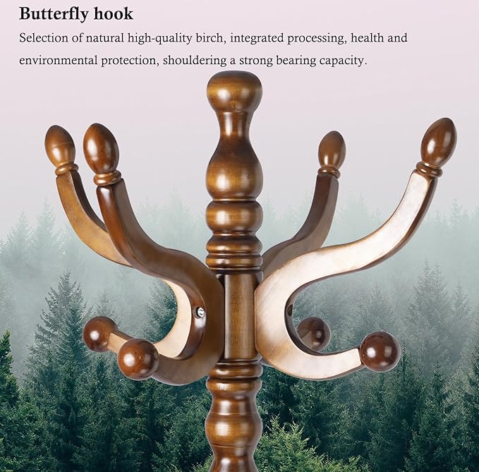 Coat Rack Stand, Solid Wooden Coat Tree with 11 Hooks, Heavy Duty Coat Rack Freestanding with Sturdy Round Base, Natural Birch Wood Coat Hanger Stand for Entryway Bedroom (brown Triangle)