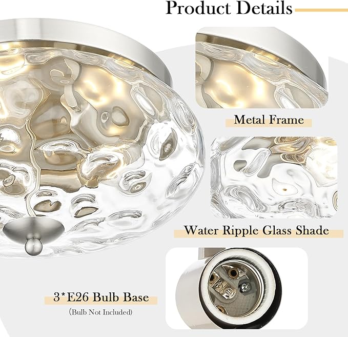 Darkaway Large Ceiling Light Fixtures 3-Ight Flush Mount Indoor Outdoor Ceiling Light with Water ipple Glass Shade for Kitchen Bedroom Living Room Dining Room Entry Porch Nickel Finish