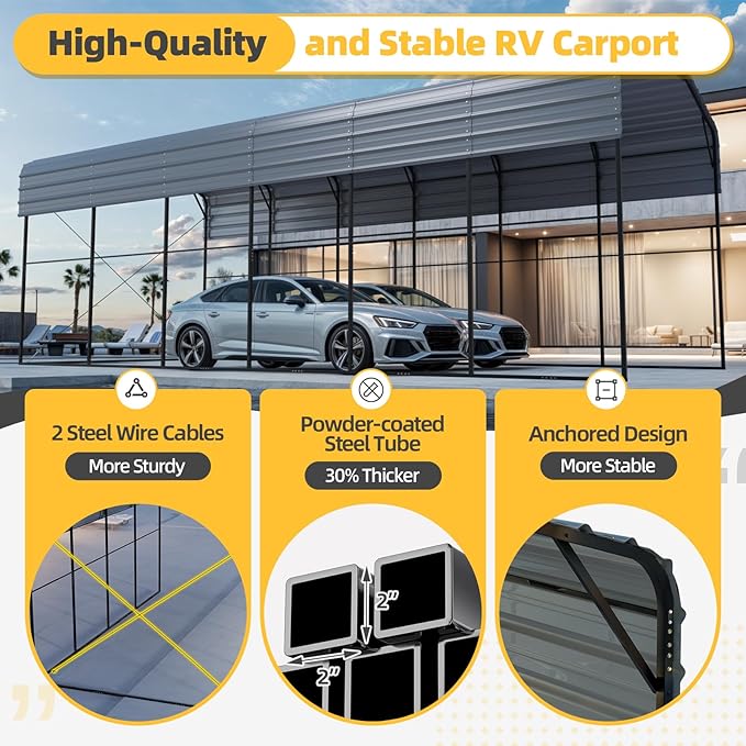 EROMMY 14x30 FT RV Carport, Heavy Duty Car-Port with Reinforced Metal Frame, Weather-Resistant Galvanized Steel Roof Shelters, Outdoor Car-Shed for RV, 2 Vehicles, Truck, Boat and SUV, Gray