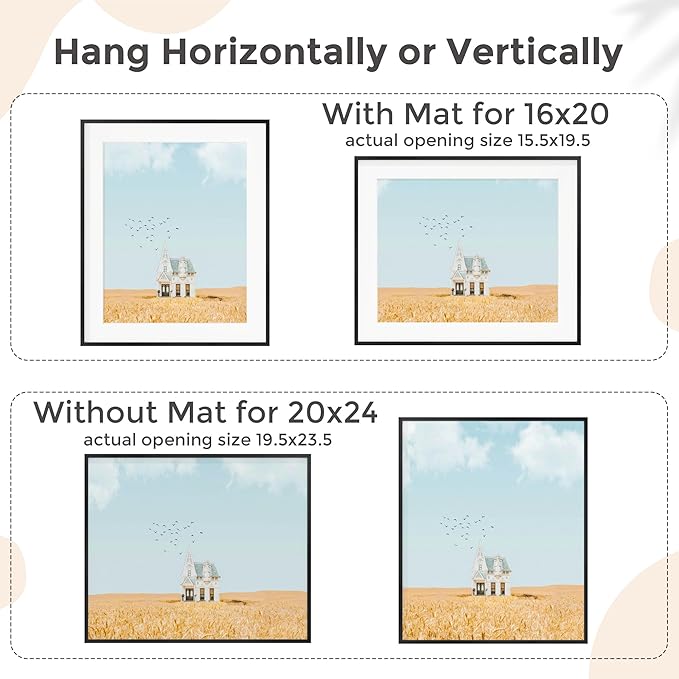 20x24 Metal Picture Frame for Wall With Mat for 16x20, 20''x24'' Aluminum Photo Frames With Tempered Glass for Home Decor, Minimalist Modern Poster Frame Horizontal And Vertical Formats, Black