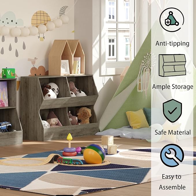 DINZI LVJ Kids Bookshelf, Toy Storage Organizer, Wooden Toy Storage Cabinet, 4 Cubby Children Bookcase, 43.3" L Toddler Book Shelf for Bedroom, Nursery, Hallway, School, Gray Wash