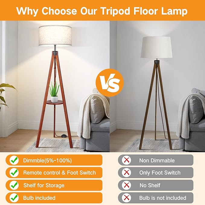 OUTON Dimmable Wood Tripod Floor Lamp with Shelves, Remote Control, Mid Century Modern Standing Lamp 58.5" for Bedroom, Living Room, and Office, Flaxen Lamp Shade Include E26 9W Bulb