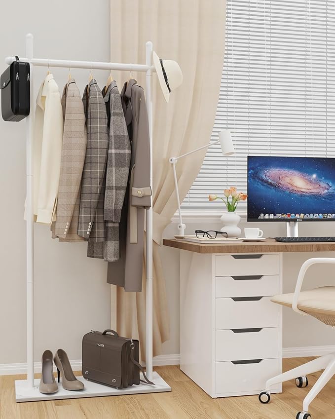 Coat Rack Freestanding with Natural Rock Base, Metal Coat Hanger Stand, Industrial Garment Rack, Clothes Tree, Suitable For Outerwear, Hats, Handbags, 68.9in, White, Large