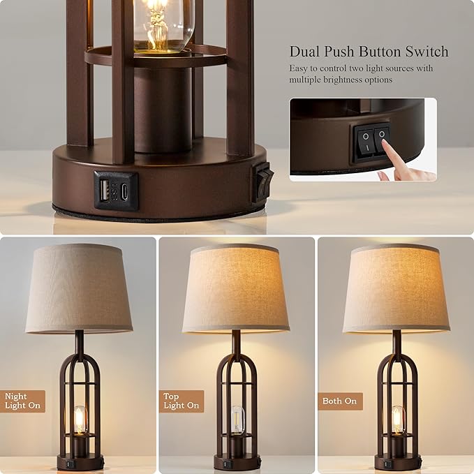 Table Lamps for Living Room End Table Set of 2 - Farmhouse Industrial Bedside Lamps for Bedroom Nightstand with Nightlight and USB A+C, 4 Bulbs Included